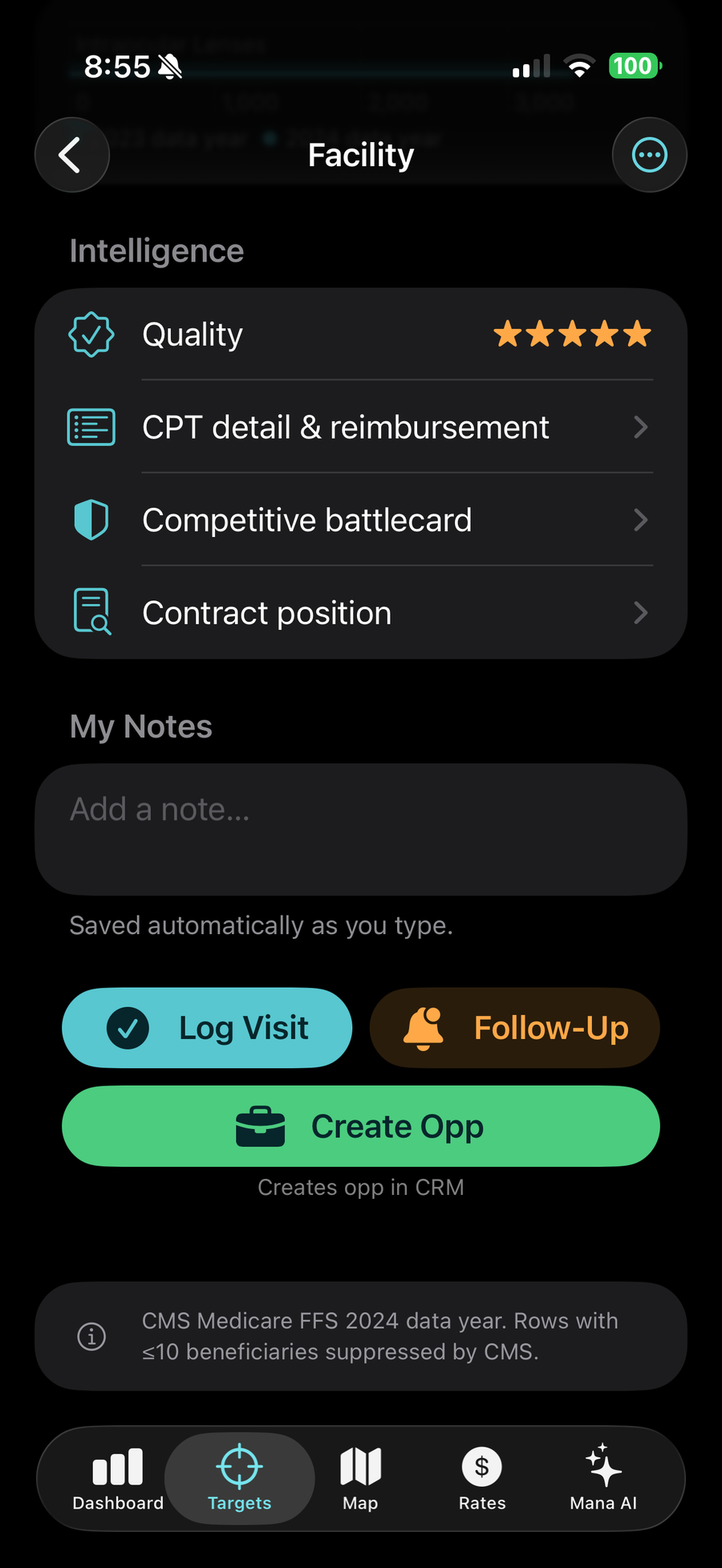 ManaMD account page for an ambulatory surgical center