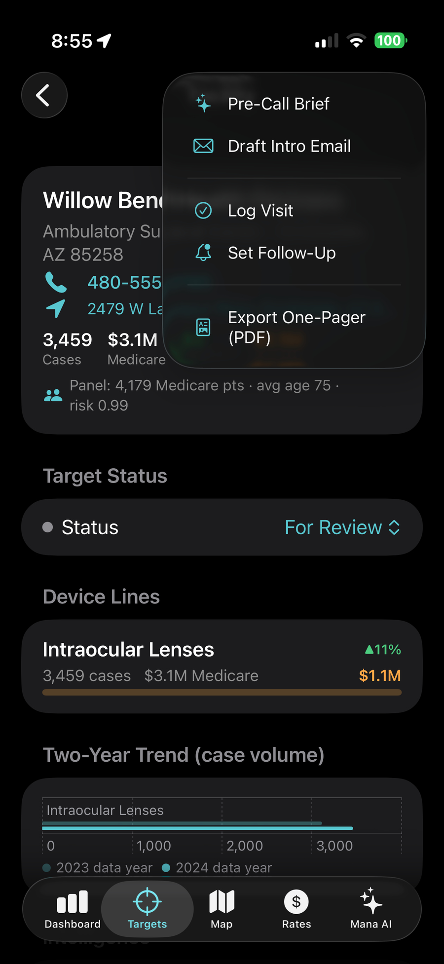 ManaMD account actions menu: pre-call brief, intro email, log visit, follow-up, one-pager export