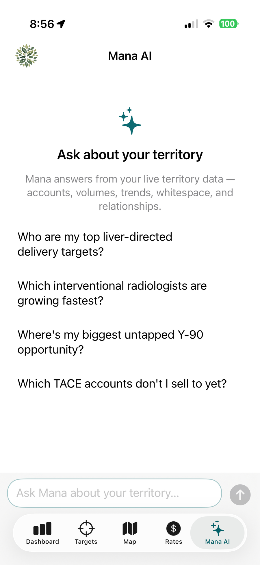 Mana AI screen with suggested territory questions