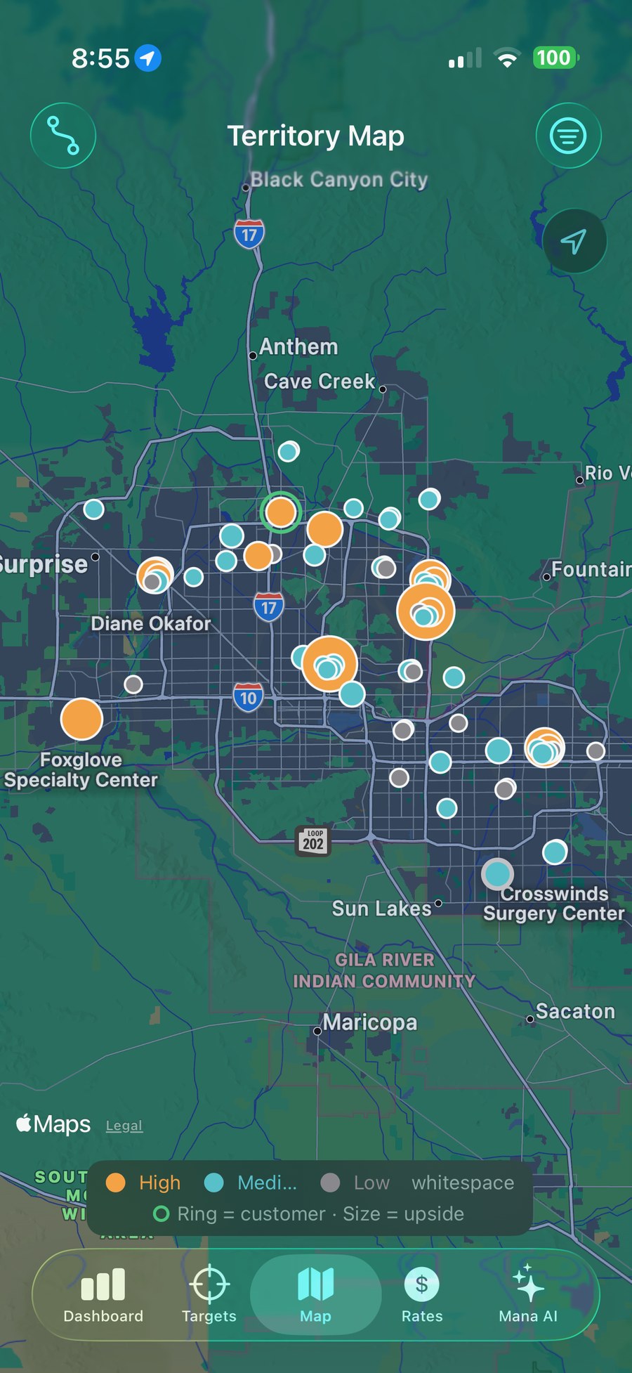 Territory map with accounts sized by opportunity