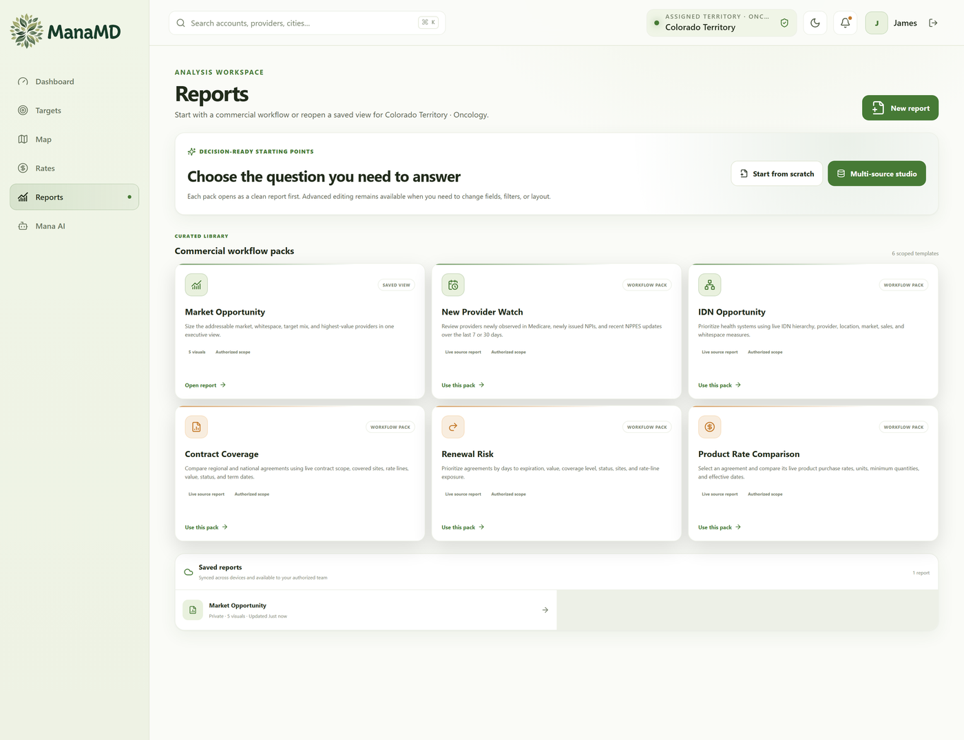ManaMD web analysis workspace with commercial workflow report packs